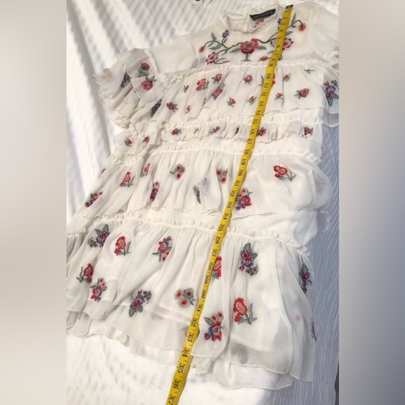 Zara White Ruffle Tiered Floral Embroidered Aztec Bloom Babydoll Dress Large - Picture 11 of 16